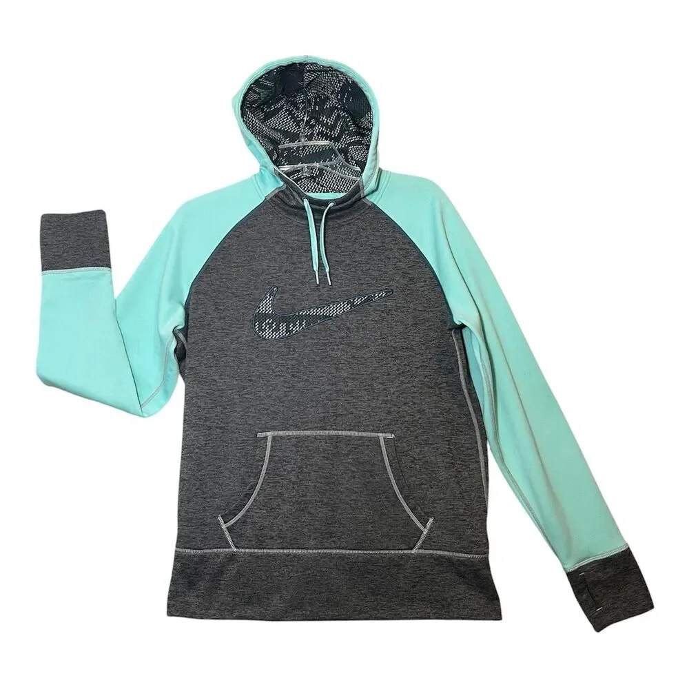 Nike Therma-Fit Hoodie Womens L Gray Mint Fleece Pullover Thumbholes Sweatshirt
